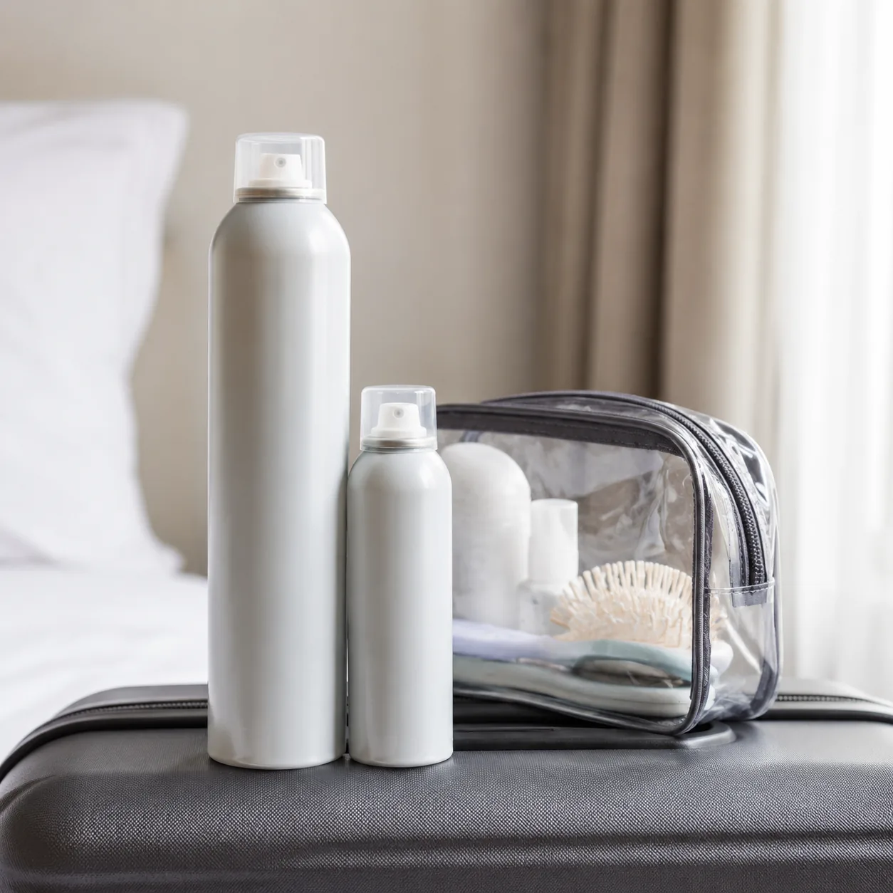 Realistic editorial photo of a large aerosol dry shampoo can next to a travel-size aerosol and clear toiletry bag on a s