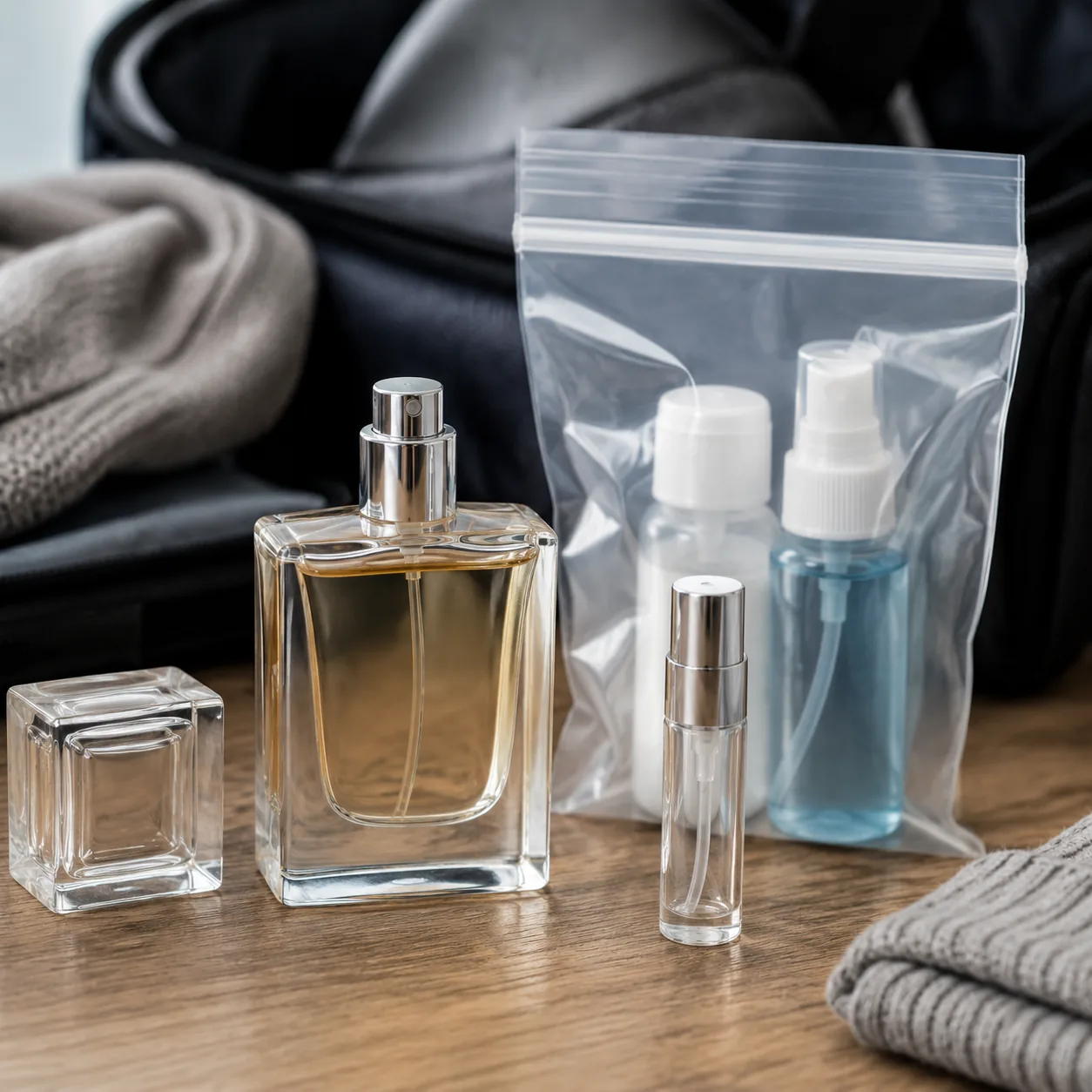 Realistic editorial photo of a glass perfume bottle beside a small atomizer and clear liquids bag on a packing table, pr