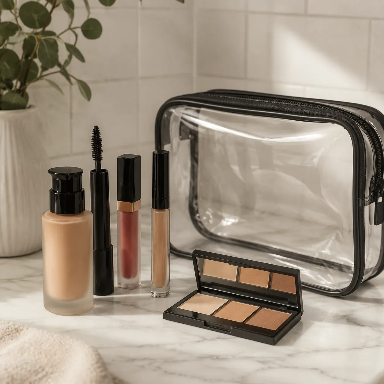 Realistic editorial photo of liquid foundation, mascara, lip gloss, concealer, and powder palette beside a clear quart t