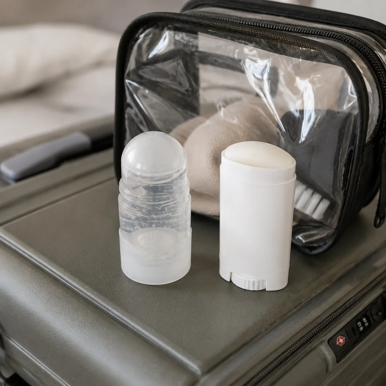 Realistic editorial photo of gel deodorant, solid deodorant stick, and clear toiletry bag on a suitcase lid, practical t