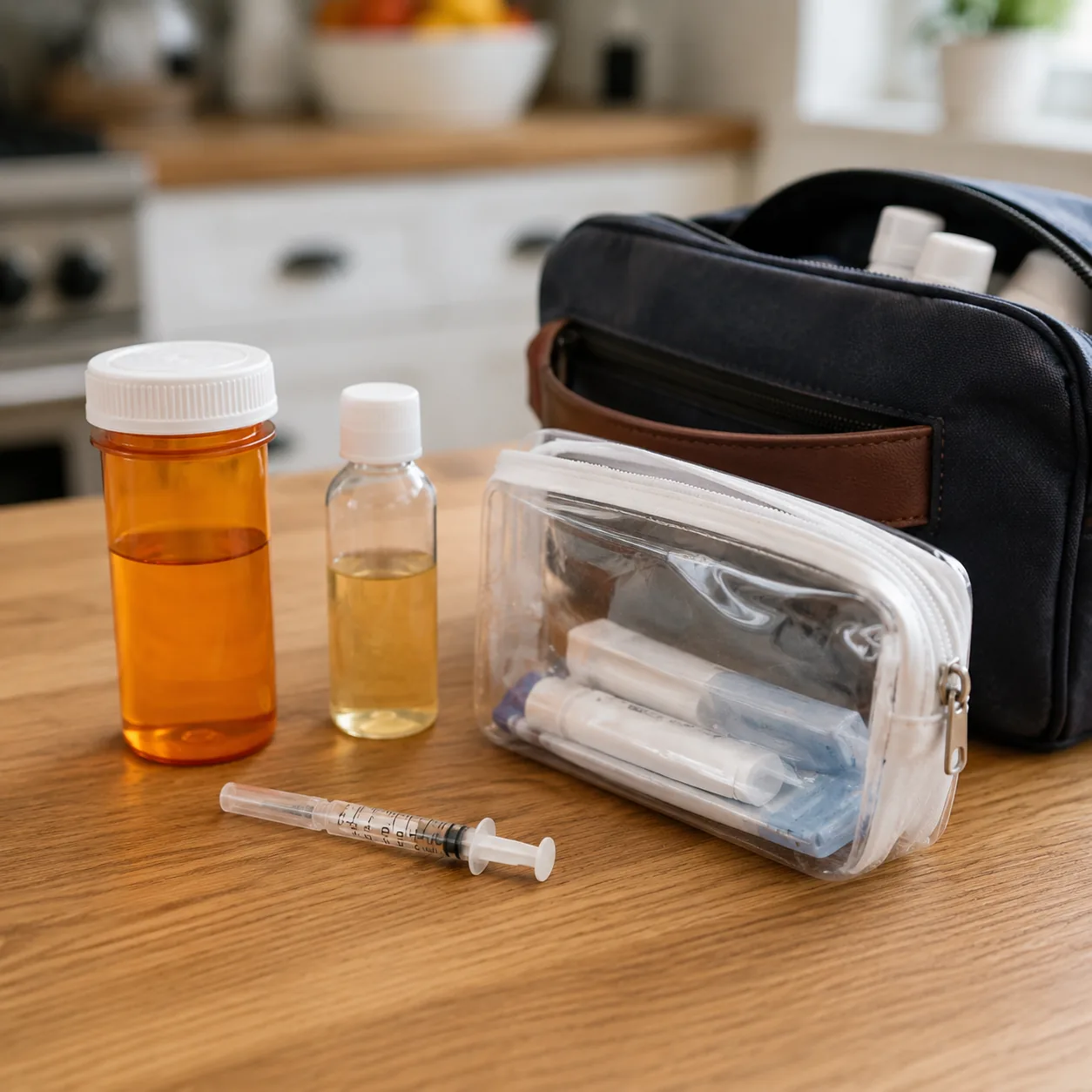 Realistic editorial photo of prescription bottle, labeled liquid medication, small syringe, and clear medical pouch sepa