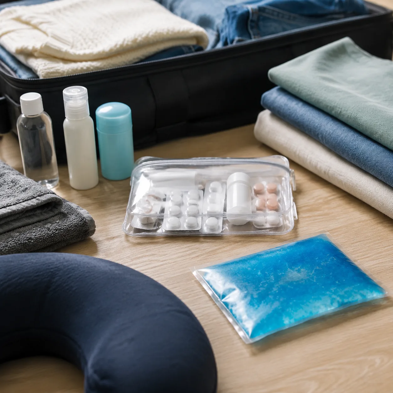 Realistic editorial photo of a small gel ice pack beside medication pouch and toiletries on a packing table, practical a