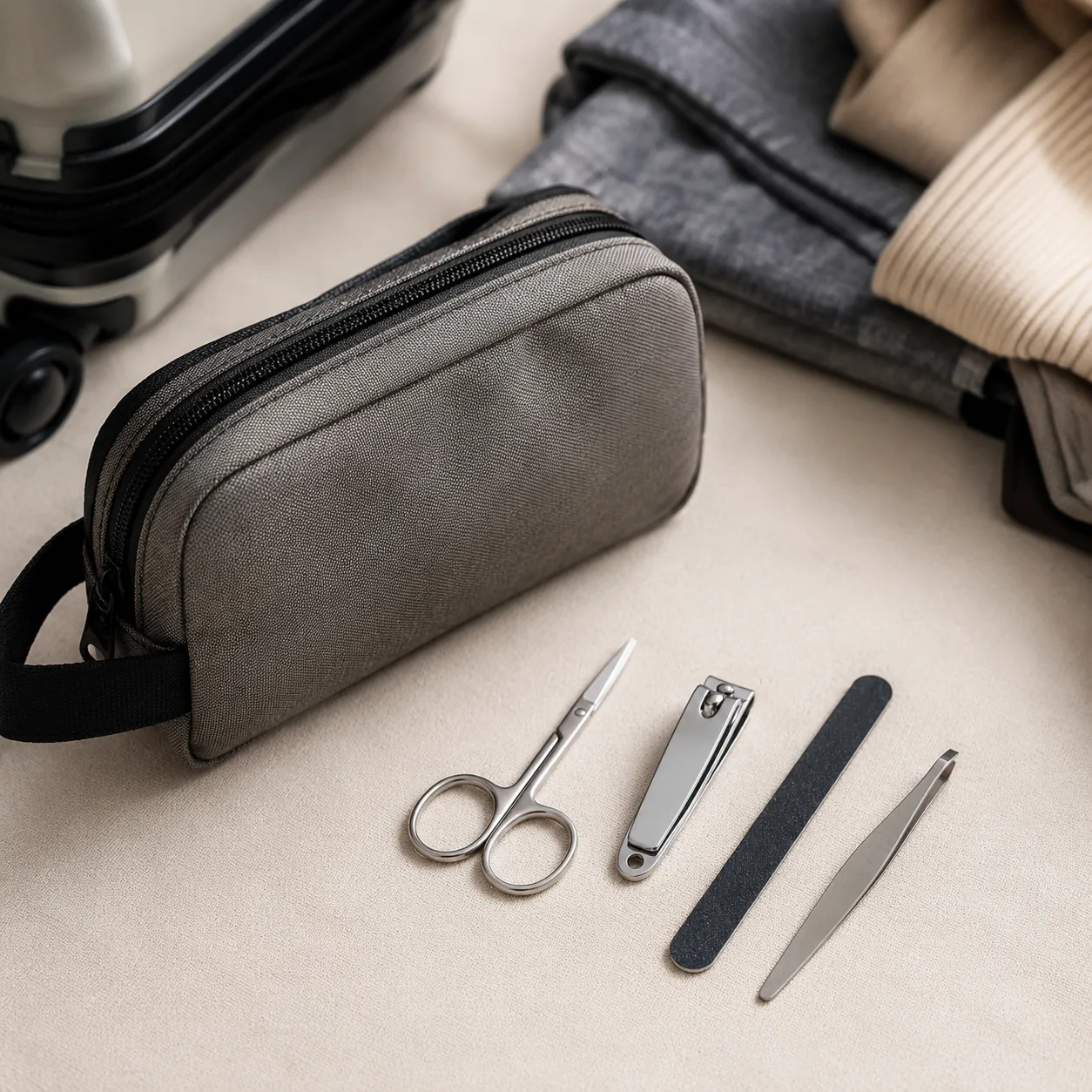Realistic editorial photo of manicure scissors, nail clippers, emery board, and tweezers laid beside a compact toiletry 