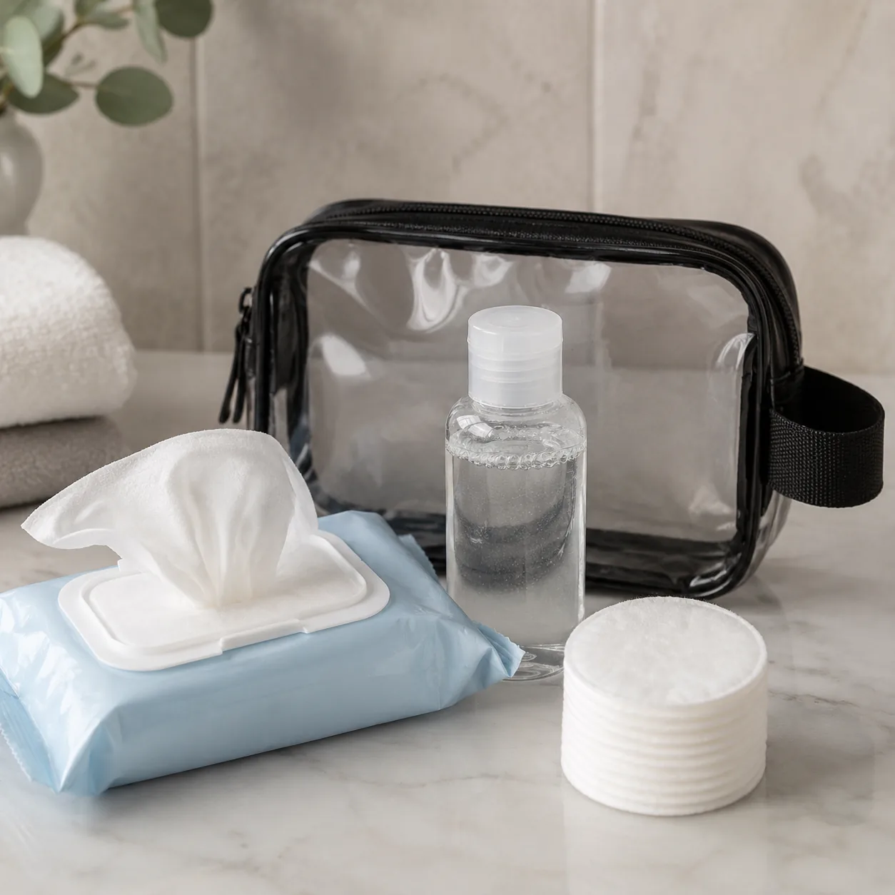 Realistic editorial photo of makeup remover wipes, cotton rounds, and a small bottle of micellar water beside a clear tr
