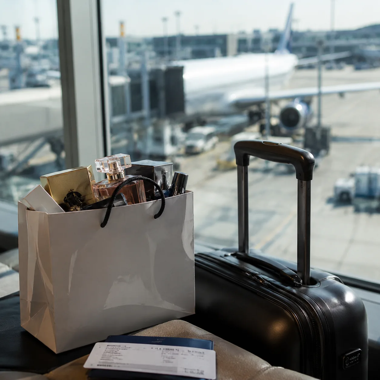 Realistic editorial photo of duty-free perfume shopping bag beside boarding pass and carry-on at an airport gate, practi