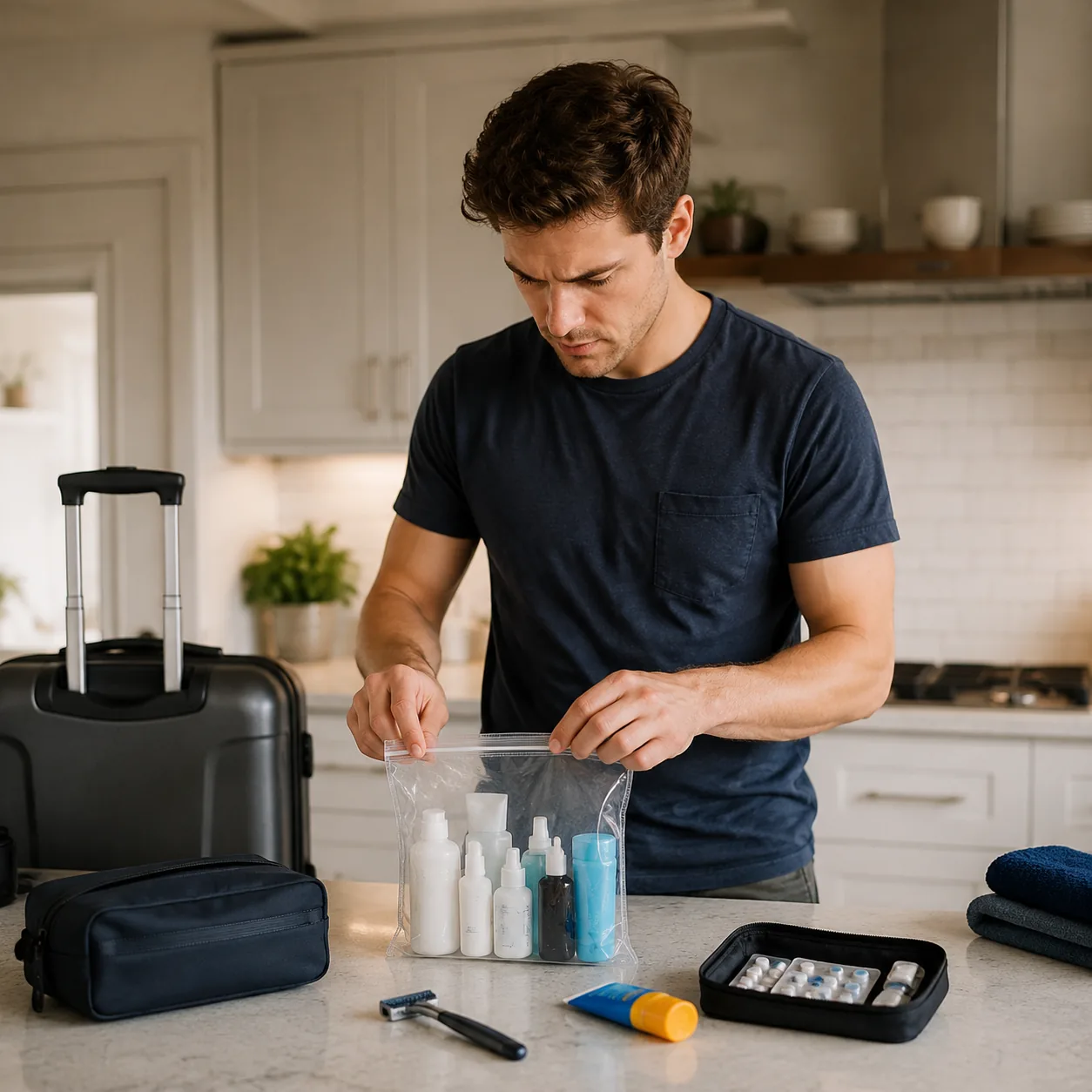Realistic editorial photo of traveler doing a final toiletry check on a kitchen counter with clear quart bag, travel bot
