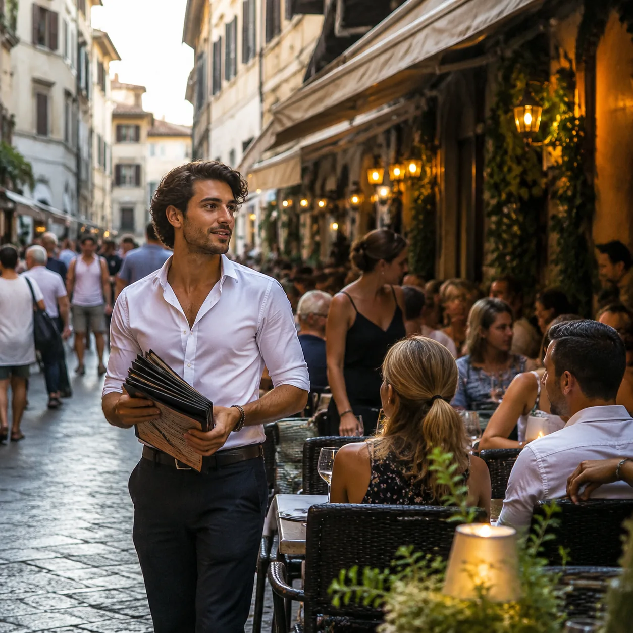 Realistic editorial photo of a busy tourist street restaurant with a host holding menus near outdoor tables, warm evenin