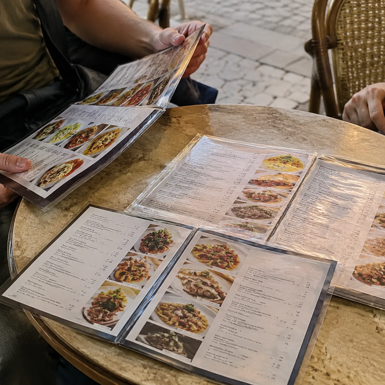 Realistic editorial photo of laminated multilingual restaurant menus spread on a small cafe table in a tourist district,