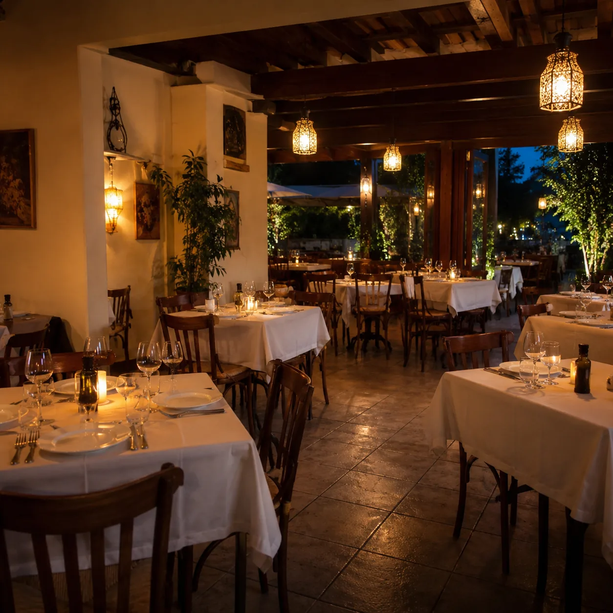 Realistic editorial photo of an almost empty tourist restaurant dining room during evening dinner service with set table