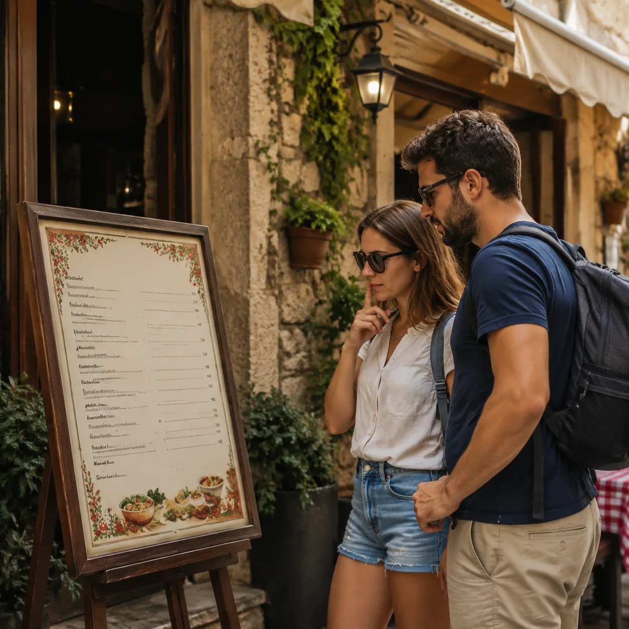 Realistic editorial photo of travelers reading a restaurant menu board outside a tourist cafe with visible blank price c