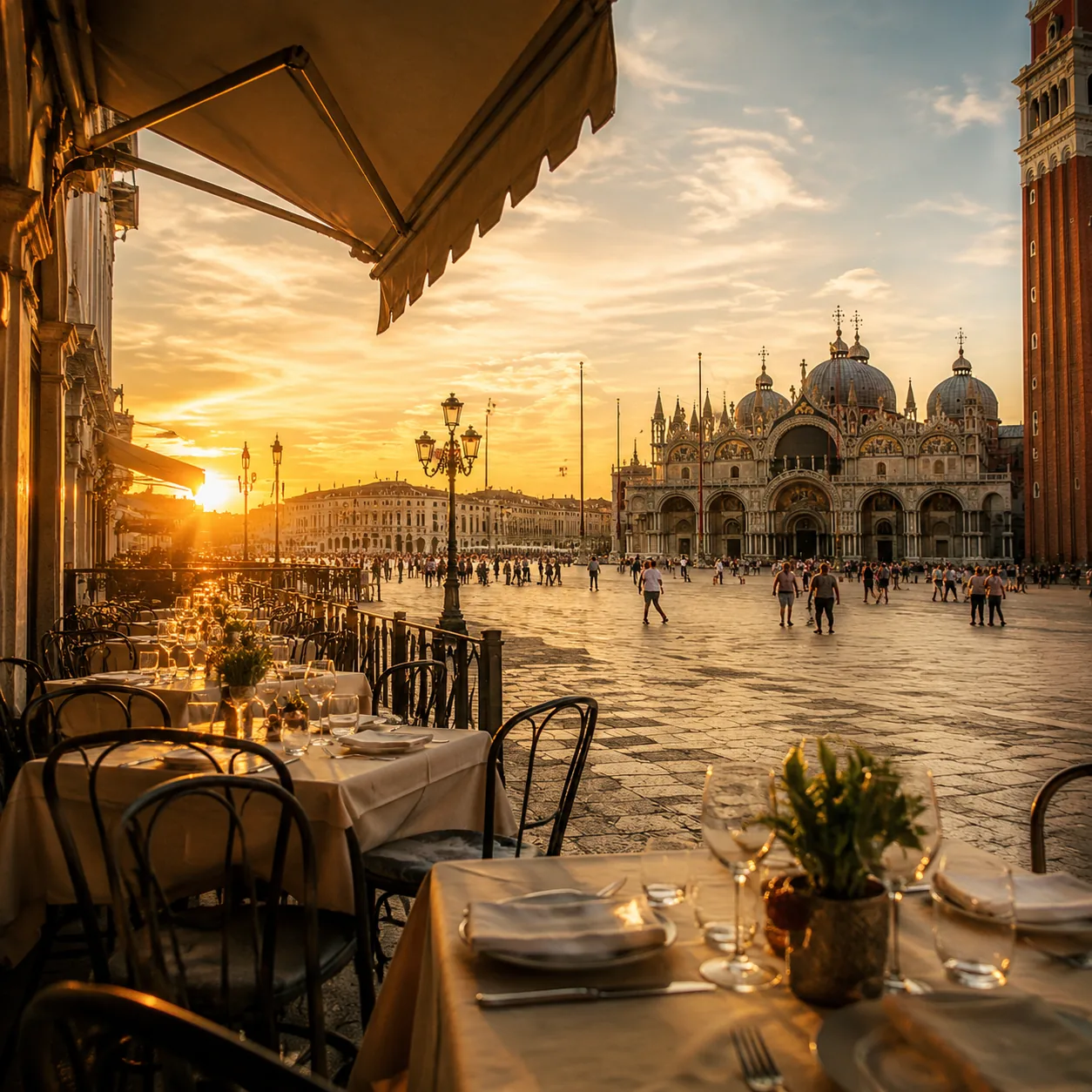 Realistic editorial photo of a scenic tourist restaurant patio beside a landmark plaza with tables angled toward the vie