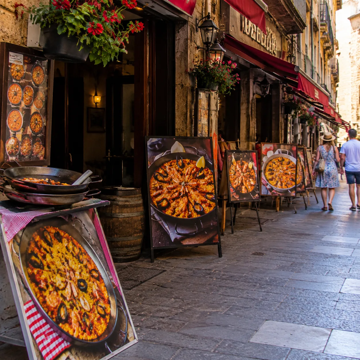 Realistic editorial photo of several tourist restaurants on a narrow street advertising the same famous regional dish wi