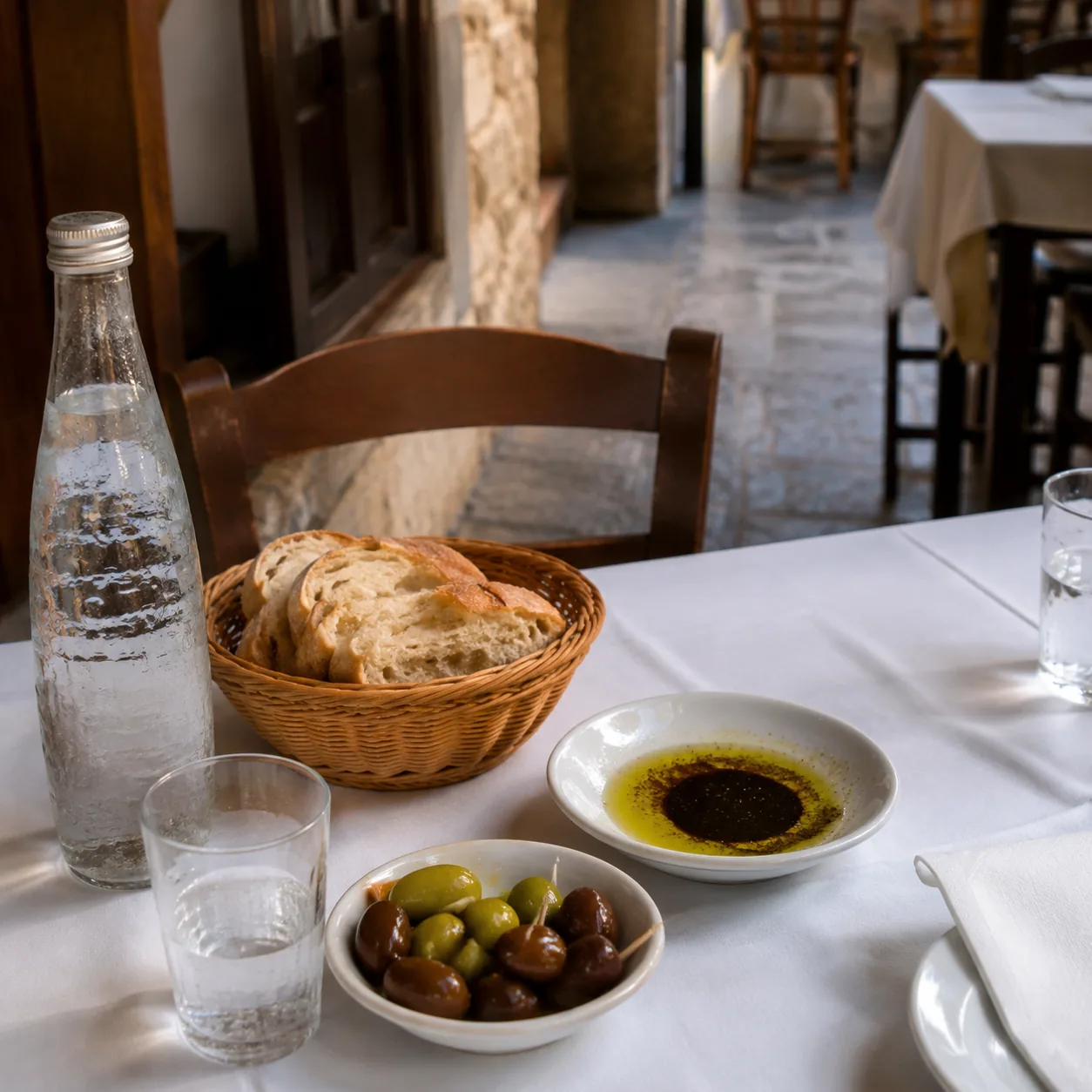 Realistic editorial photo of a small restaurant table with bread, olives, bottled water, and dipping sauce placed before
