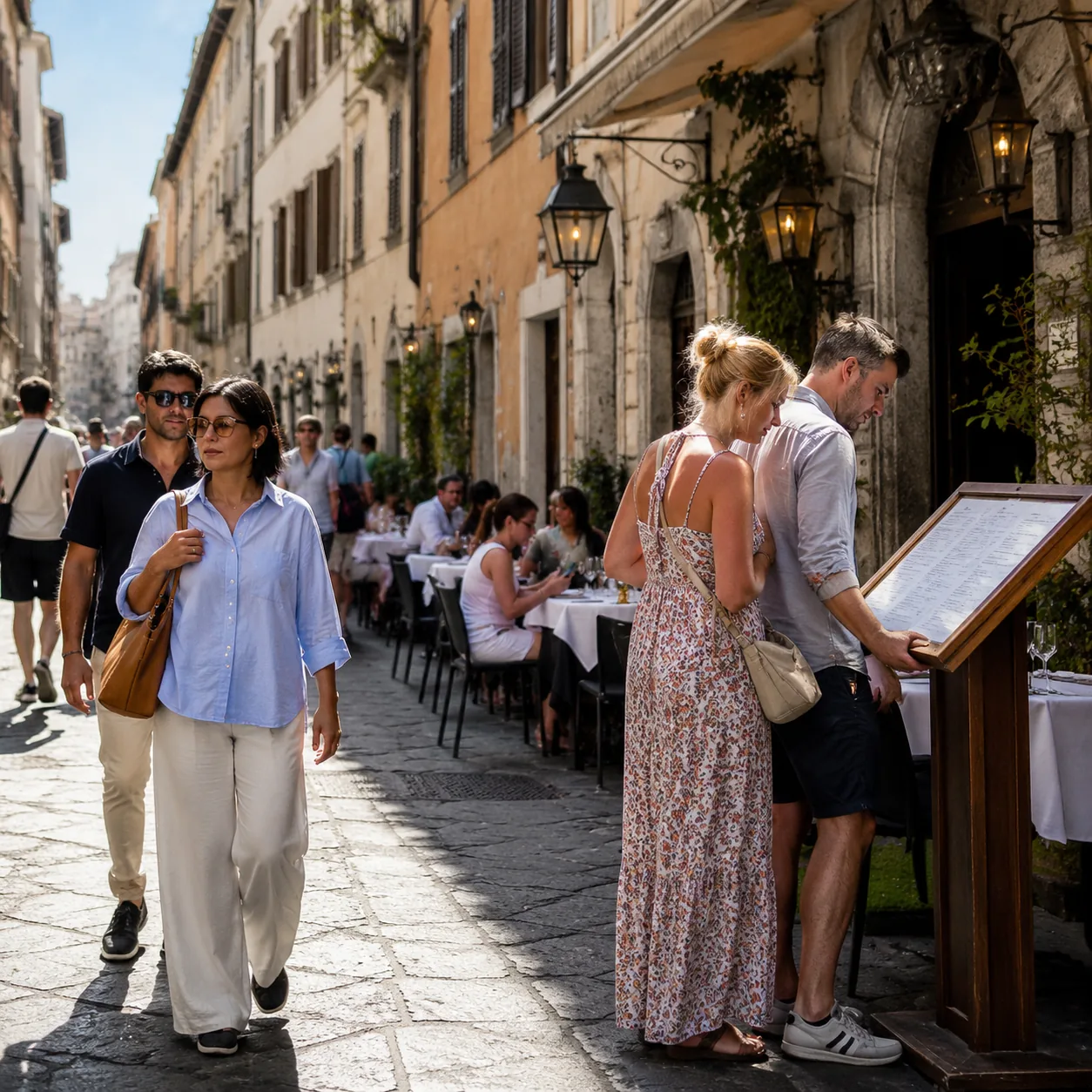 Realistic editorial photo of local pedestrians walking past a tourist restaurant while travelers study the menu outside,