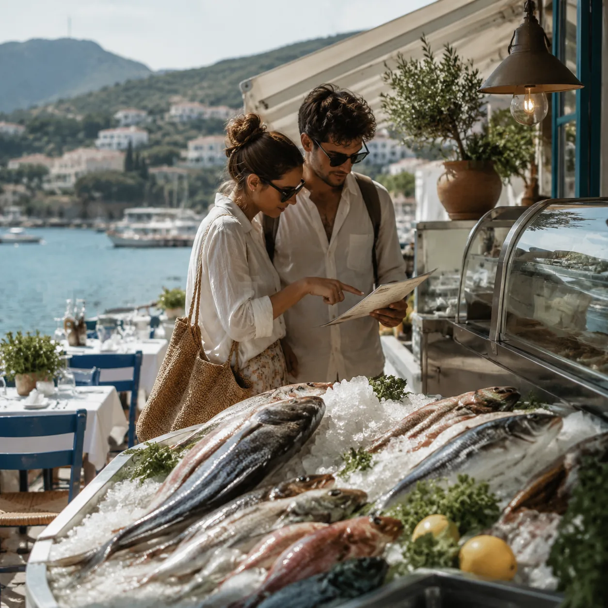Realistic editorial photo of a waterfront seafood restaurant display with fish on ice and travelers checking a menu, war