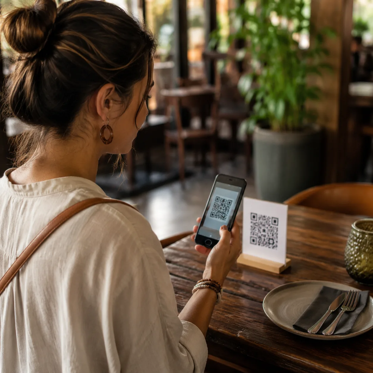 Realistic editorial photo of a traveler scanning a QR menu at a restaurant table while a paper menu is absent, warm indo