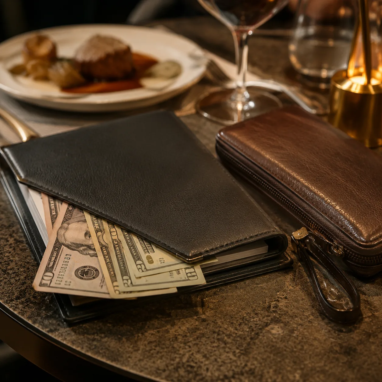 Realistic editorial photo of a restaurant check folder with cash bills beside a travel wallet on a small table, warm eve