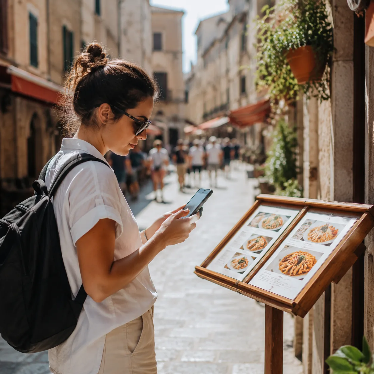 Realistic editorial photo of a traveler checking restaurant reviews on a phone beside an outdoor menu stand in a tourist