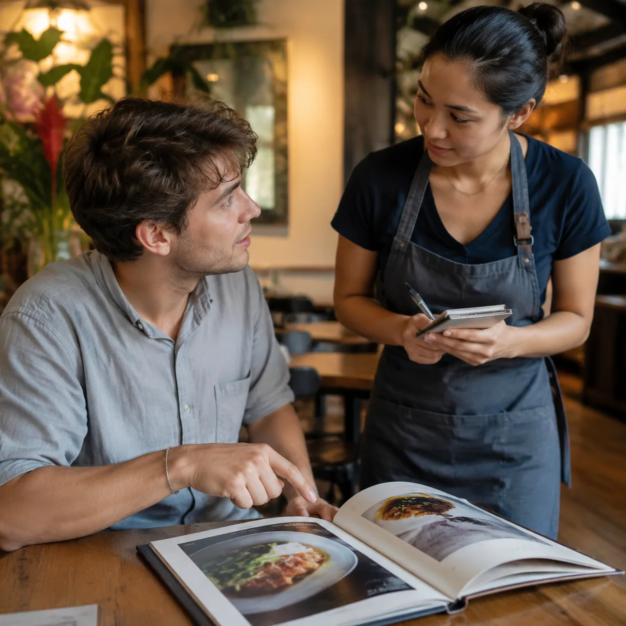 Realistic editorial photo of a traveler asking a server about a dish at a small restaurant table with menus open, warm n