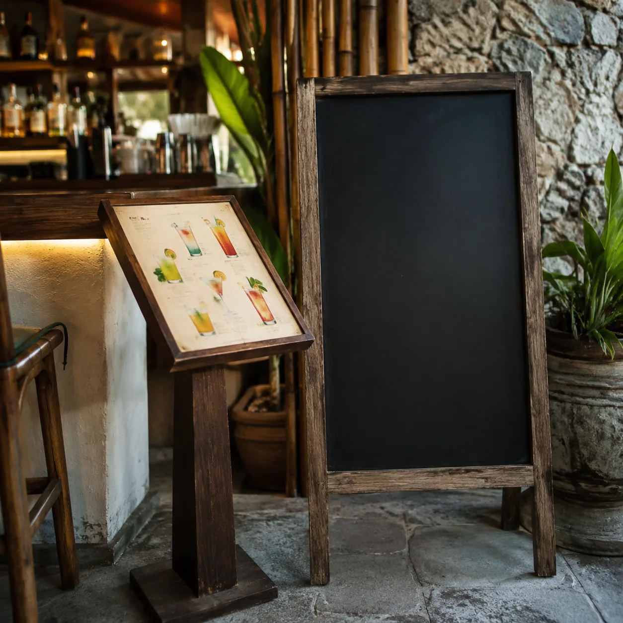 Realistic editorial photo of a restaurant drink menu and blank daily specials board near a small bar in a tourist area, 