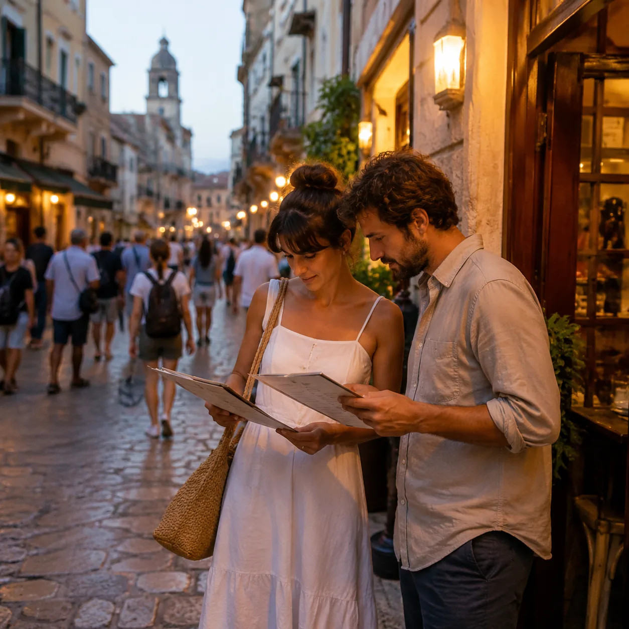 Realistic editorial photo of travelers pausing outside a restaurant entrance with menus in hand while a busy tourist str